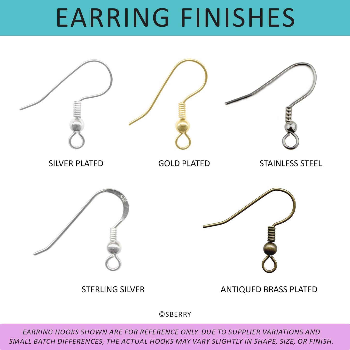 Five types of earring hooks are shown: silver plated, gold plated, stainless steel, sterling silver, and antiqued brass plated, each with a labeled sample image.
