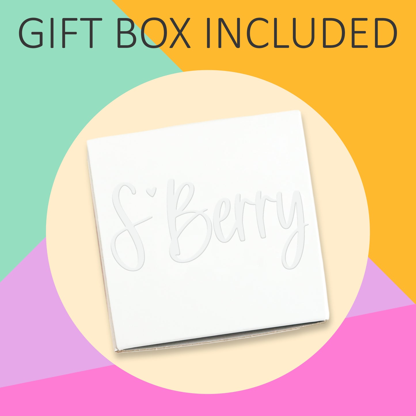 A white gift box labeled "S'Berry" on a colorful geometric background with text "Gift Box Included" at the top.