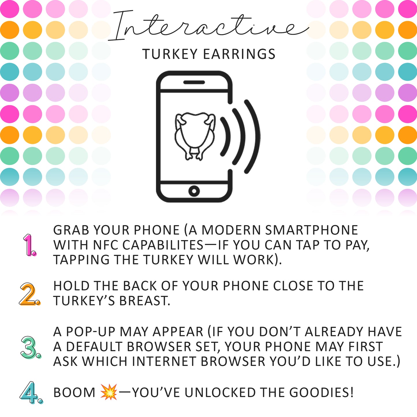Instructional graphic showing how to use NFC on a smartphone to interact with a turkey earring charm, with four numbered steps and a phone illustration.