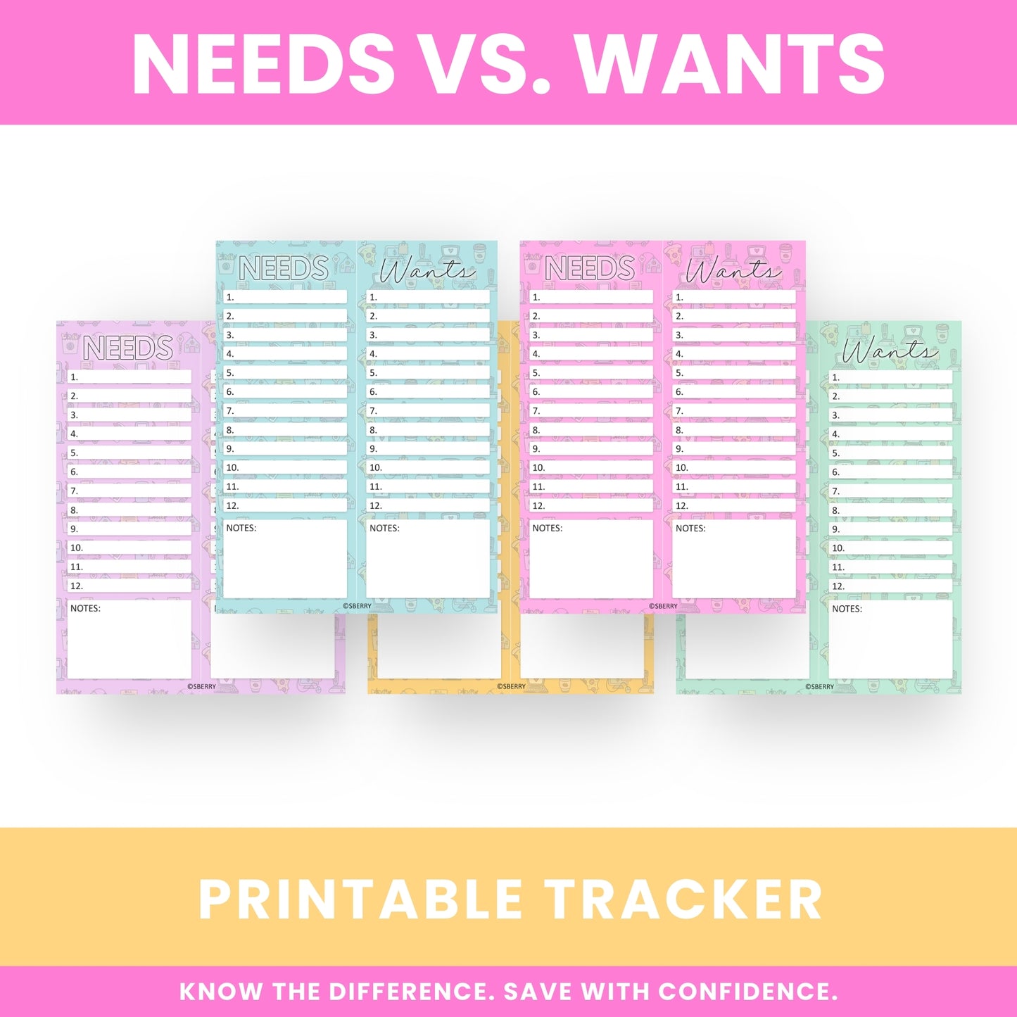 Image showing colorful printable trackers labeled "Needs" and "Wants," designed to help users differentiate and list their essential needs and non-essential wants.