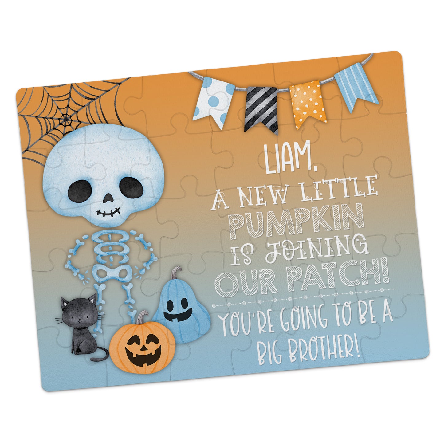 A Halloween-themed puzzle with a skeleton, pumpkins, a cat, and a banner, announcing "Liam, a new little pumpkin is joining our patch! Youâre going to be a big brother!.