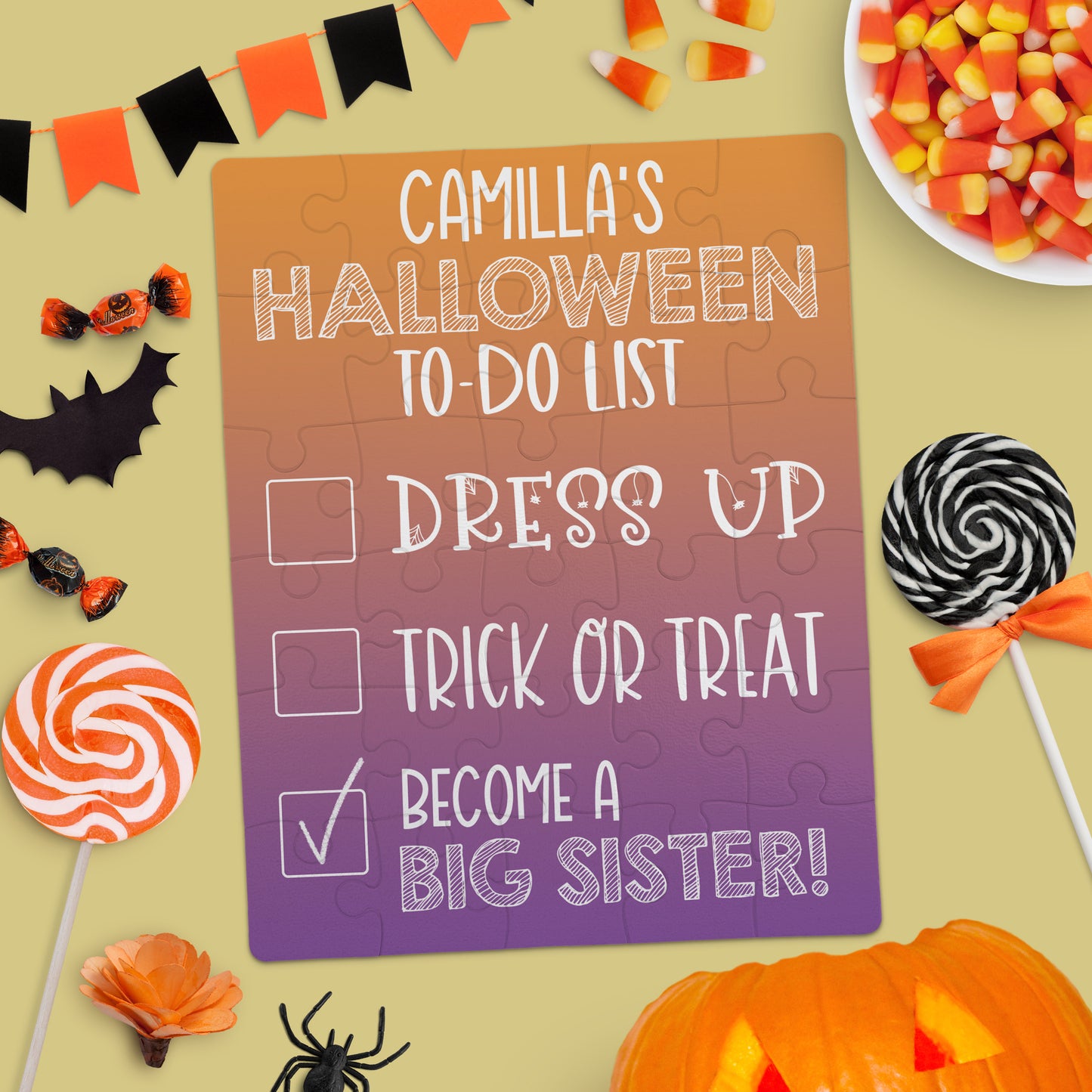A Halloween-themed puzzle lists: "Camillaās Halloween To-Do ListāDress up, Trick or treat, Become a big sister!" with festive candies and decorations around it.