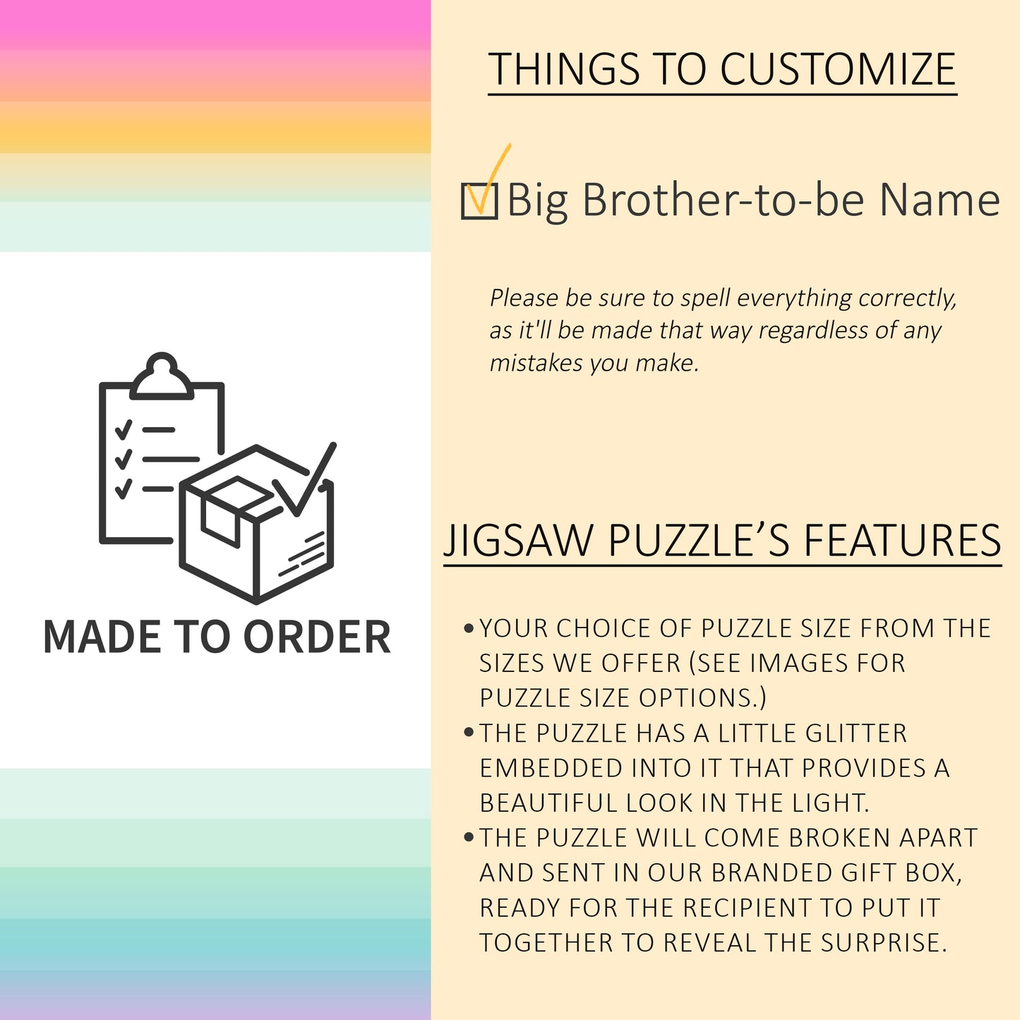 A customizable jigsaw puzzle order form with options to add a name and a list of puzzle features on a pastel rainbow background.