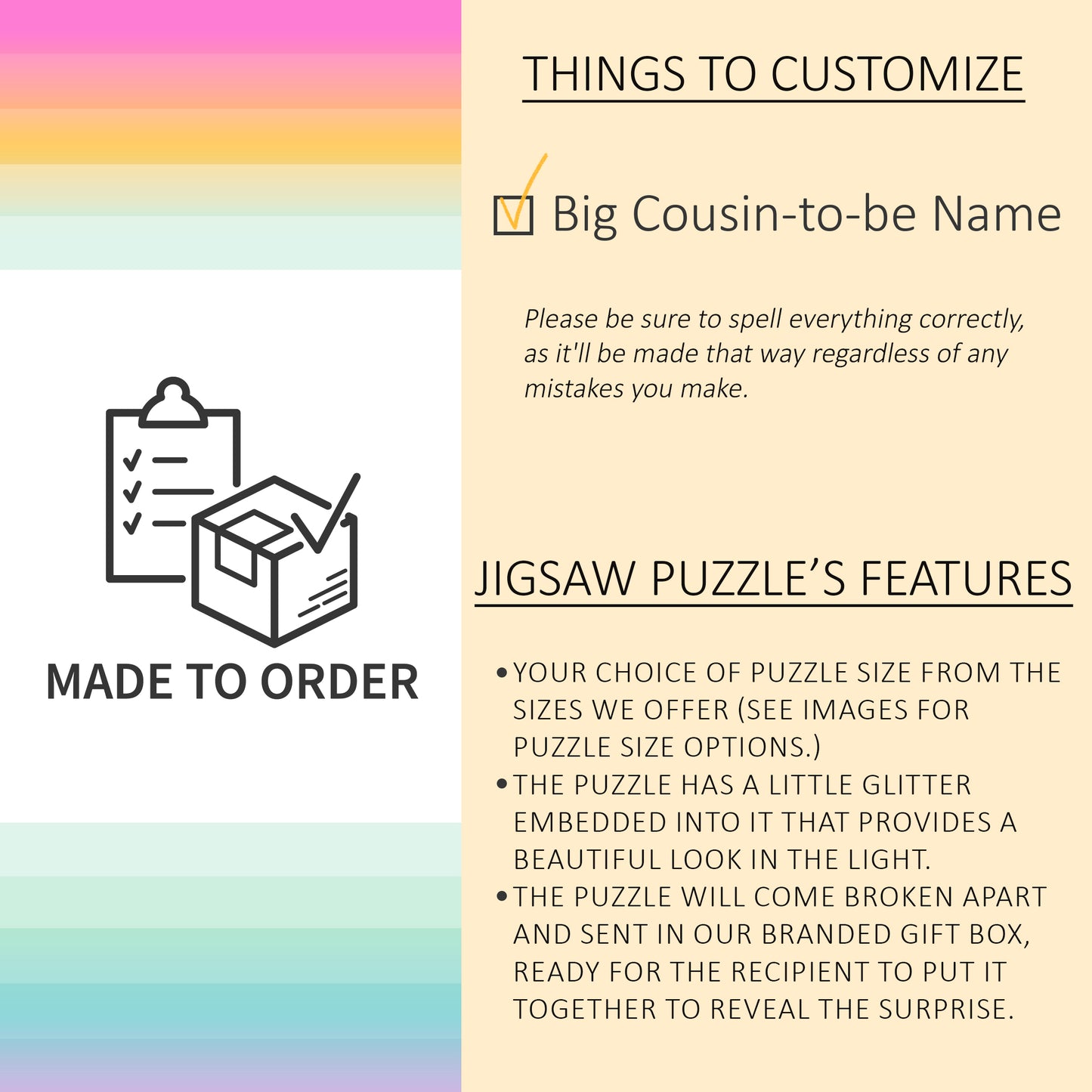 A pastel rainbow background with info about customizing a jigsaw puzzle gift, emphasizing name customization and puzzle features like glitter and made-to-order process.