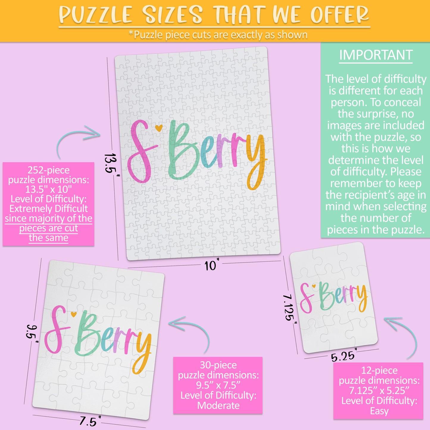 Three jigsaw puzzles in different sizes are displayed, each with the same colorful "S'Berry" text. Puzzle dimensions, piece counts, and difficulty levels are listed beside each puzzle.