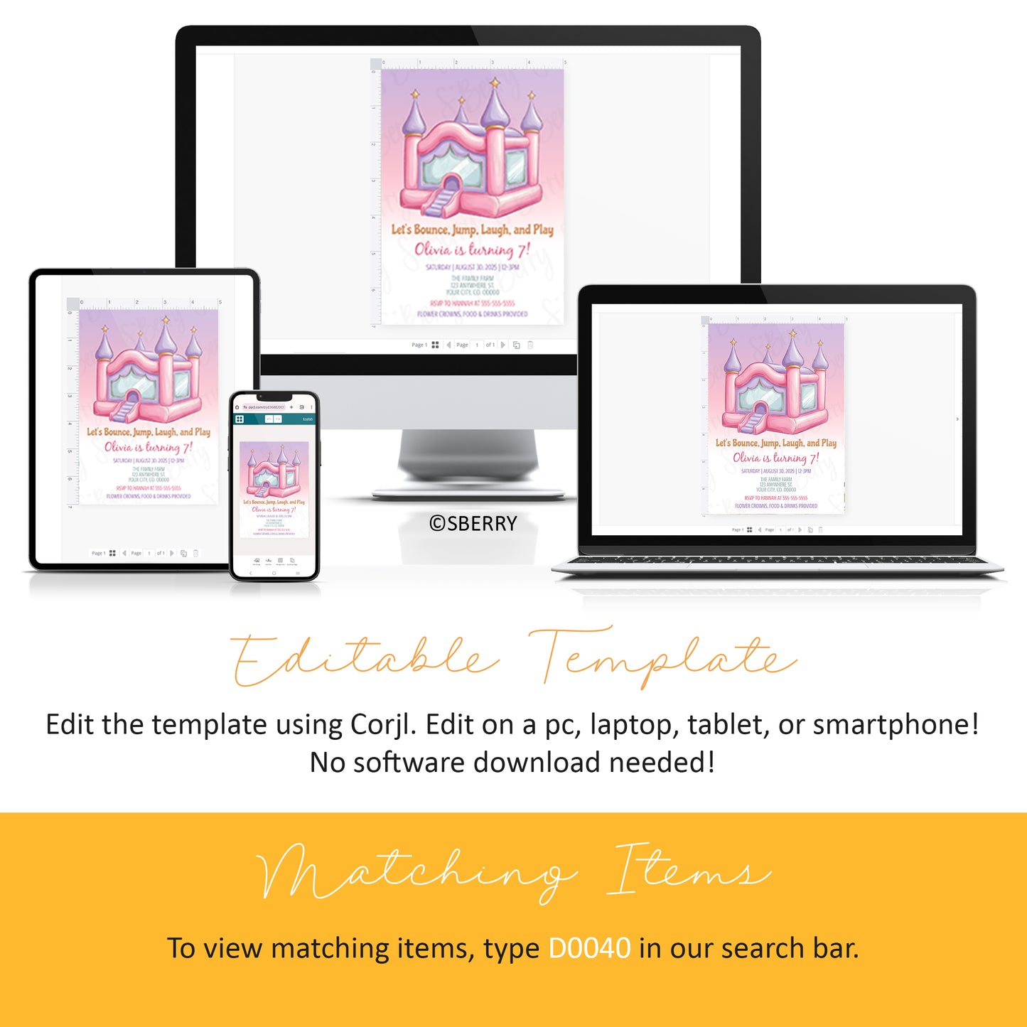 A pink castle party invitation template is displayed on a computer, tablet, and smartphone screen, highlighting its editable and digital format using Corjl.