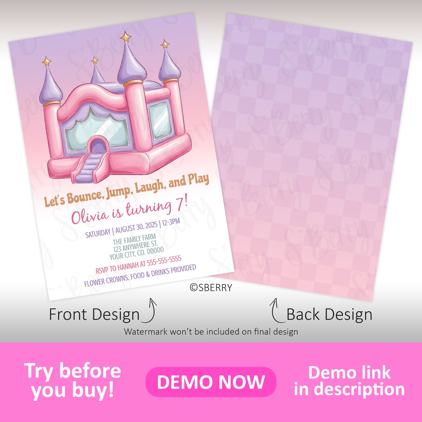 A birthday invitation with a pink bounce house illustration, party details, and a checkerboard pattern on the back. Text promotes a demo version and explains watermark removal.
