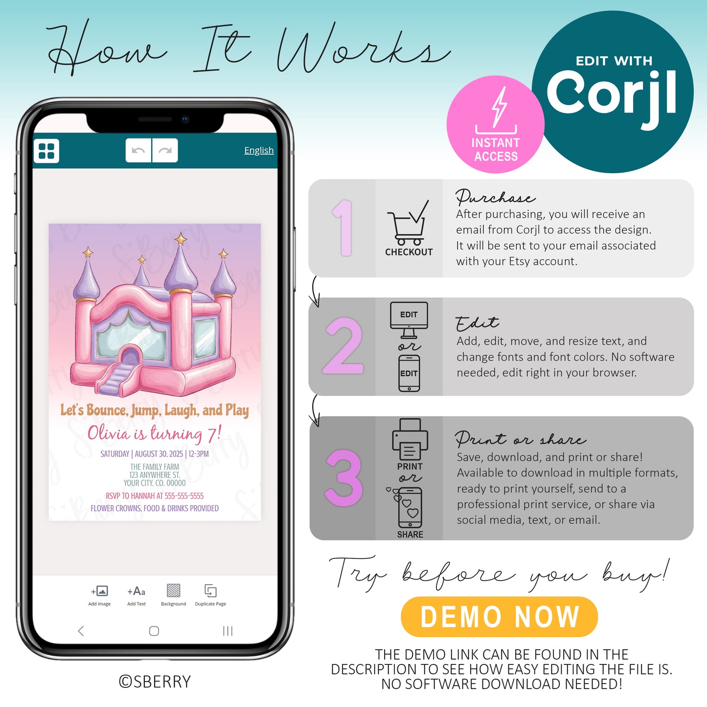 A phone displays a pink bounce house birthday invitation; side instructions explain how to purchase, edit, and print or share the digital design using Corjl.