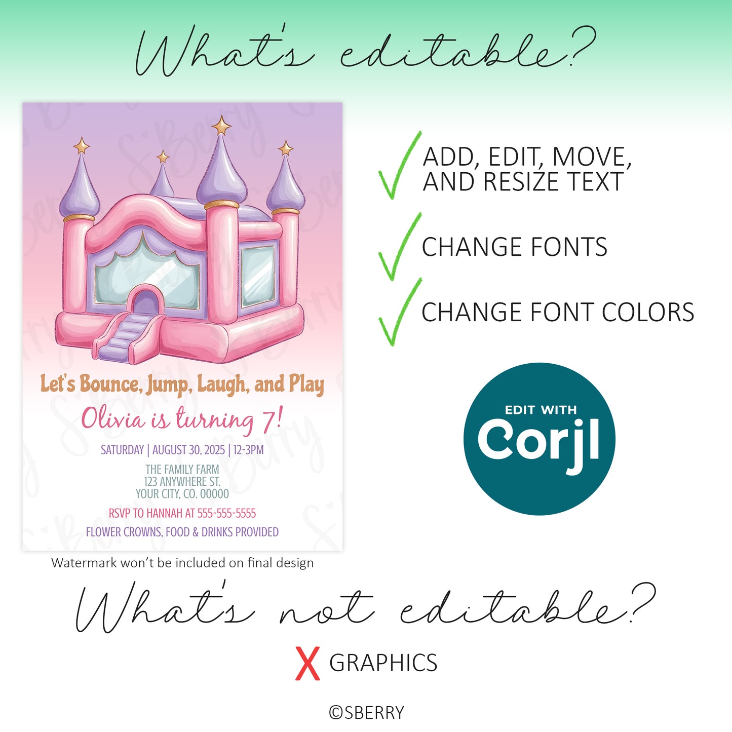 Digital birthday invitation template with a pink bounce house illustration; text, fonts, and colors can be edited, but graphics cannot be changed.