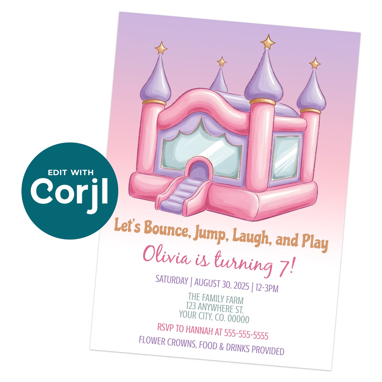 A pink and purple bounce house illustration on a birthday invitation for Olivia's 7th party, with event details and RSVP information listed below.