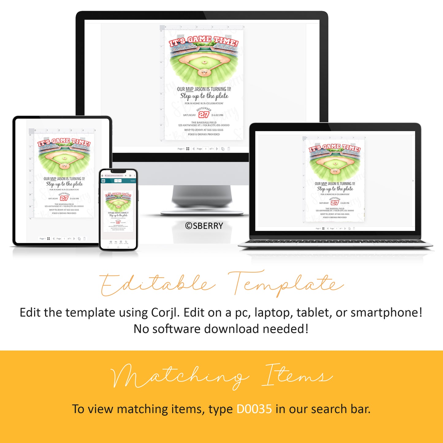 Editable baseball-themed invitation displayed on a desktop, laptop, tablet, and smartphone. Text explains template is editable on any device via Corjl with no software download required.