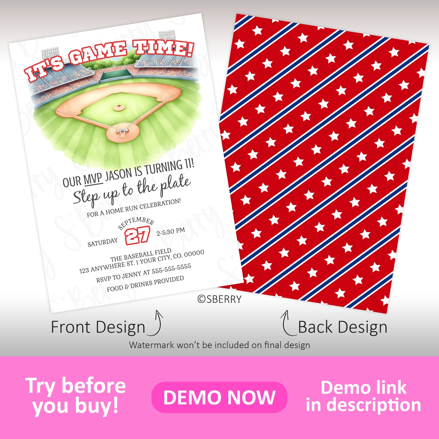 Baseball-themed birthday invitation featuring a stadium illustration on the front and a red star-striped pattern on the back. Demo and customization details shown below.