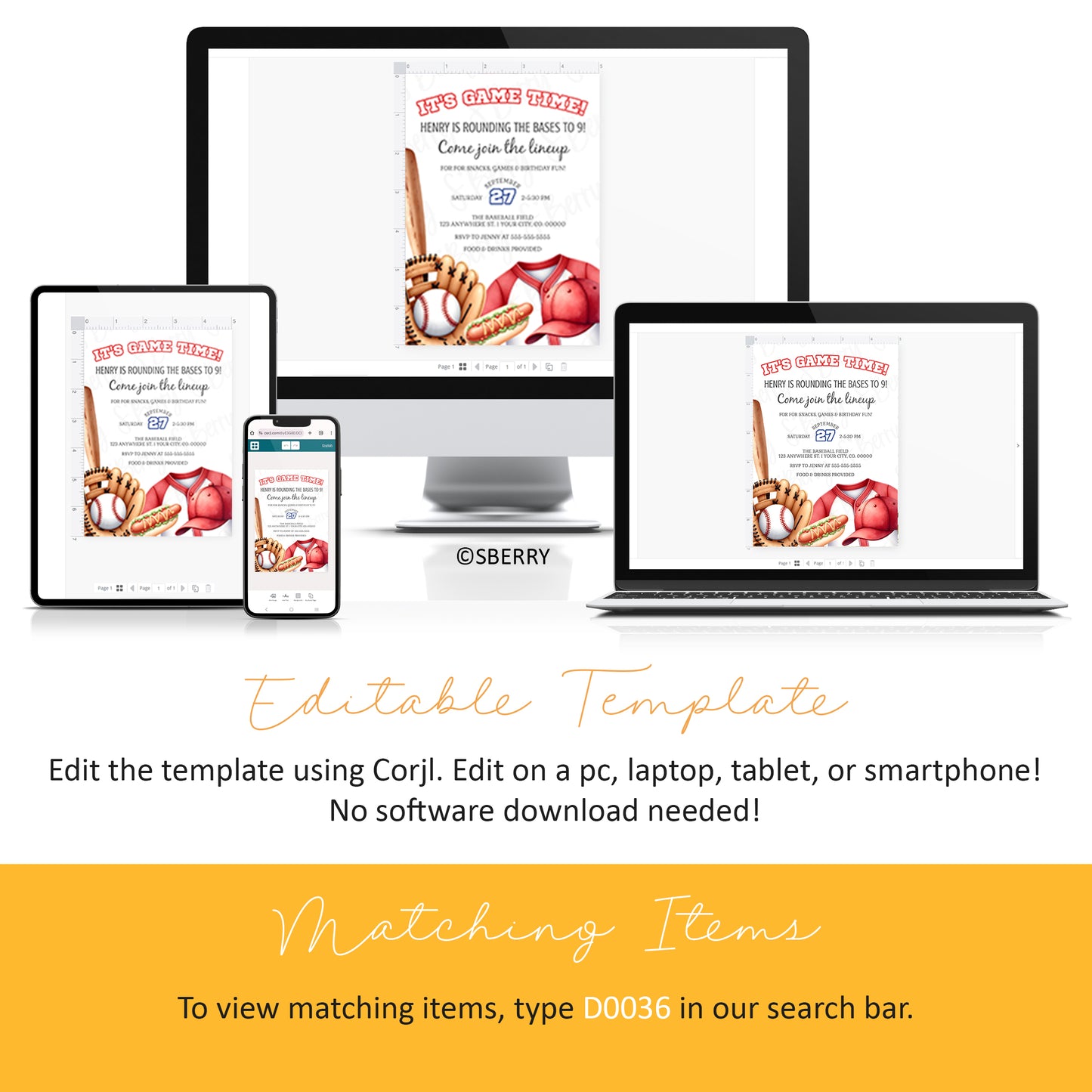 Editable template displayed on desktop, laptop, tablet, and smartphone screens with text instructions for editing and finding matching items.