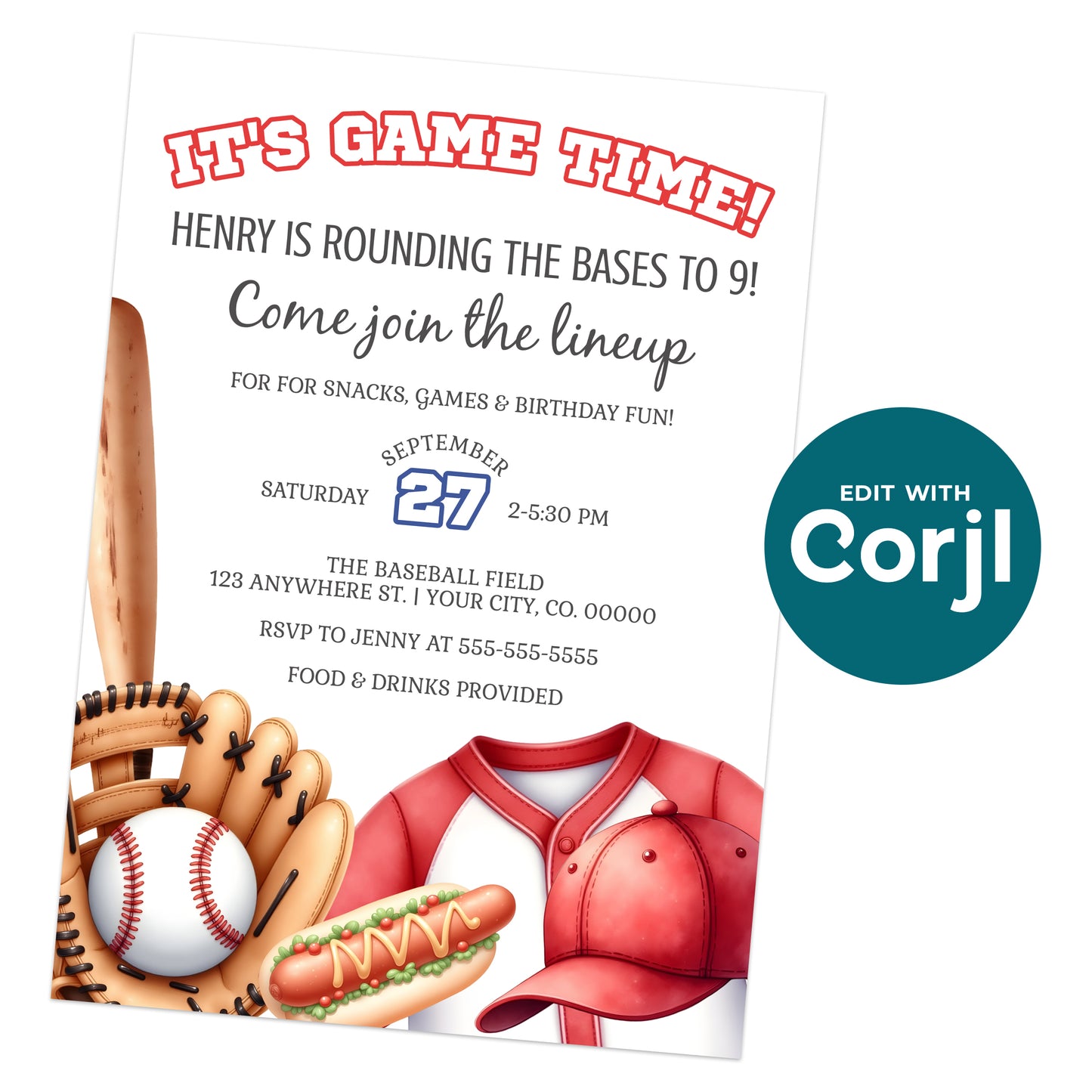 A baseball-themed birthday party invitation featuring bats, gloves, a cap, a hot dog, and event details, with a "Edit with Corjl" badge on the side.