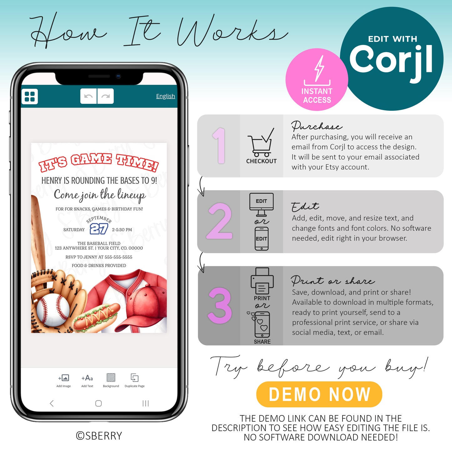 A graphic explains how to edit a sports-themed invitation using Corjl: purchase, edit online, then print or share. Includes a sample invitation with baseball, football, and basketball graphics.