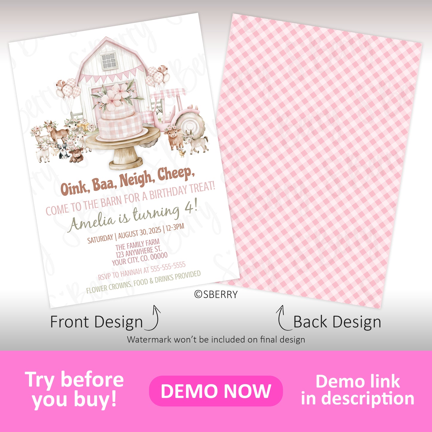 A birthday invitation with a barn and farm animals on the front and pink gingham pattern on the back, promoting a children's party with event details displayed.