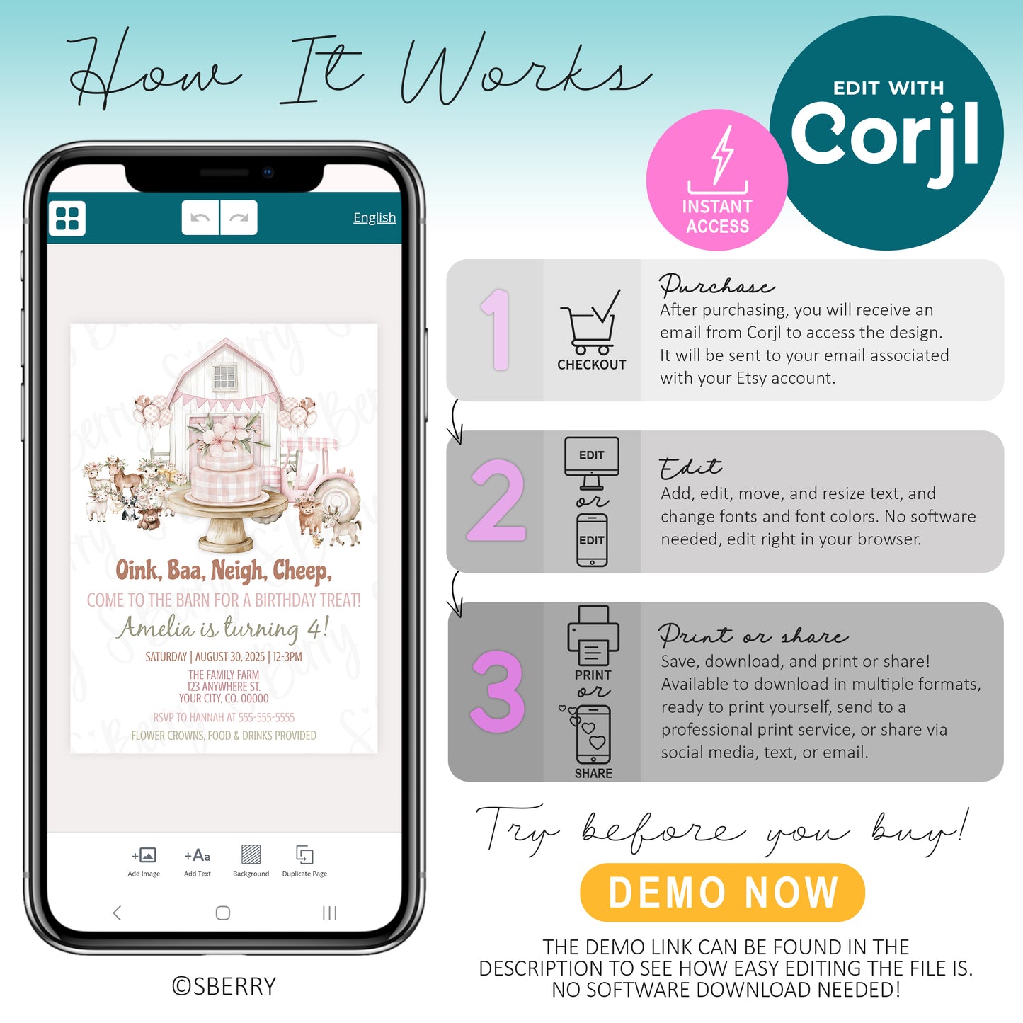 An infographic explains how to edit a birthday invitation with Corjl: purchase, edit online, then download or share. A sample farm-themed invite is displayed on a phone screen.