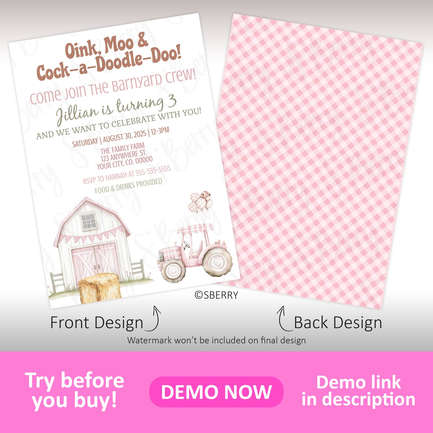 Children’s birthday party invitation with barnyard theme on the front and pink gingham pattern on the back, featuring a barn, tractor, and a pink color scheme.