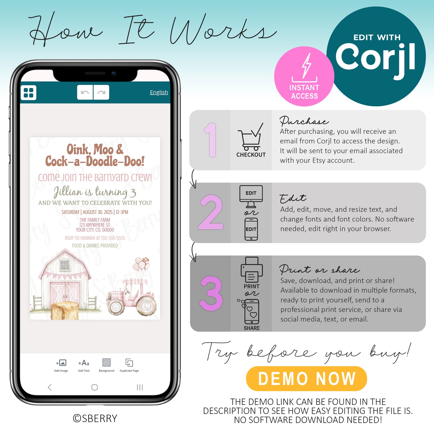 A smartphone displays a farm-themed party invitation on a Corjl editing app. Instructions explain how to purchase, edit, download, and share the design.