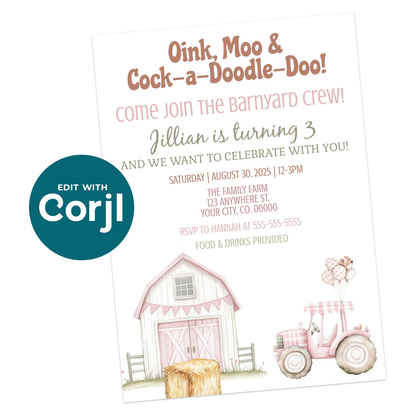 Children’s birthday party invitation with a pink barn, tractor, balloon, and hay bale, inviting guests to celebrate Jillian’s 3rd birthday at The Family Farm.