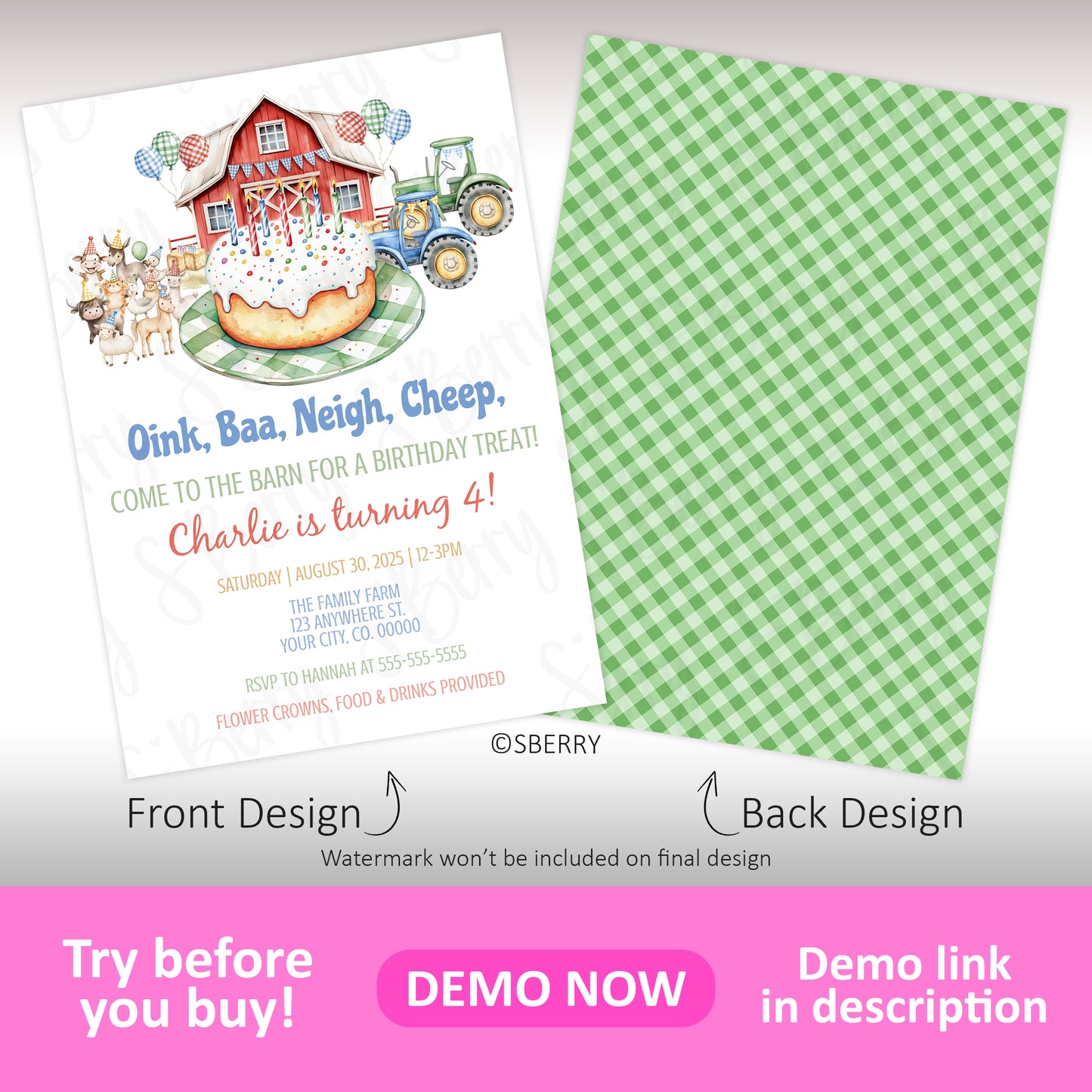 Front of a farm-themed birthday party invitation featuring barn, animals, tractor, and cake; back shows green gingham pattern.