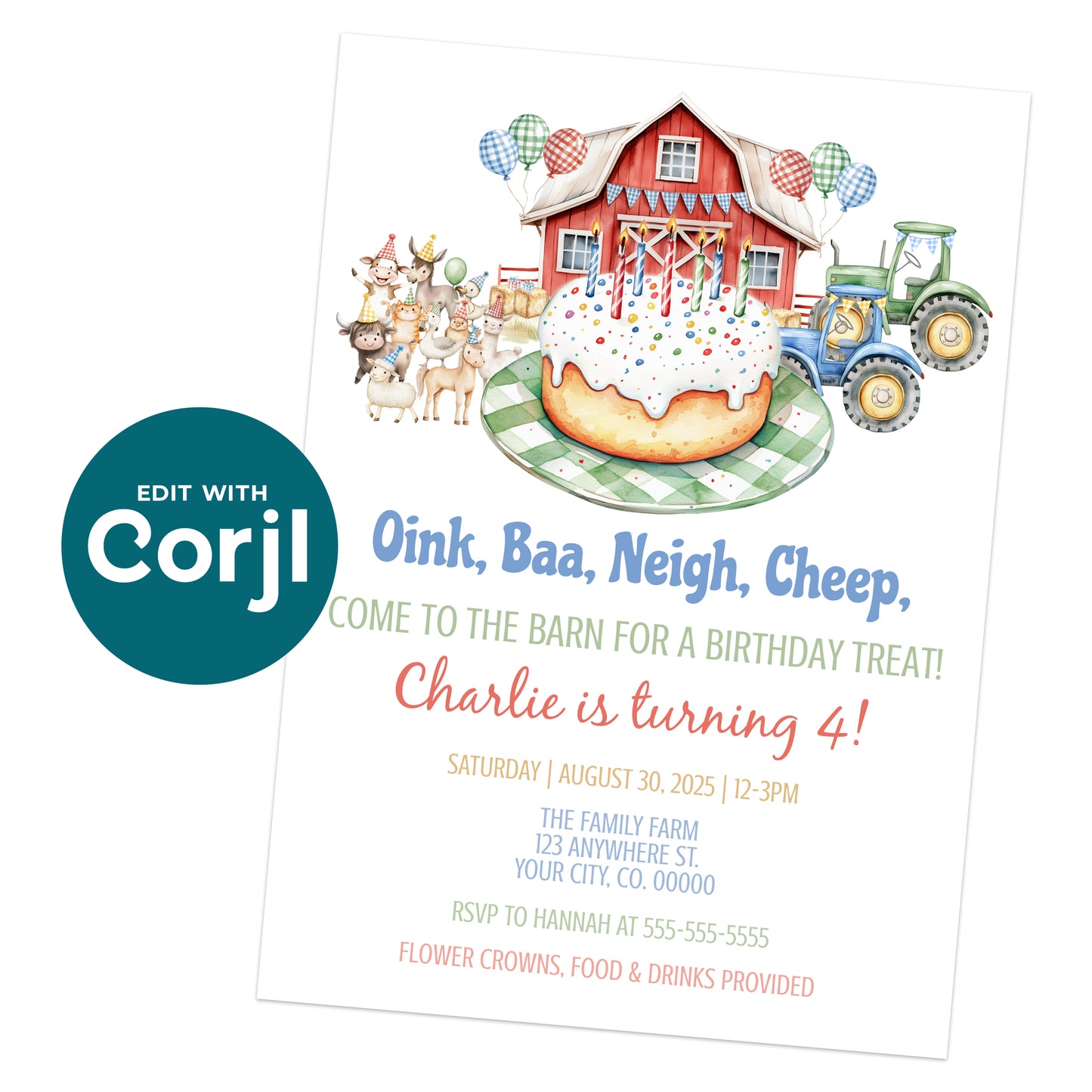Birthday invitation featuring a barn, farm animals, a tractor, and a large birthday cake with colorful decorations and event details for a 4th birthday party.