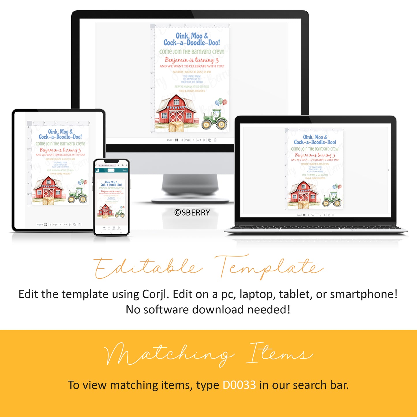 A customizable farm-themed birthday invitation template is displayed on a desktop, laptop, tablet, and smartphone screen, with instructions for editing using Corjl.