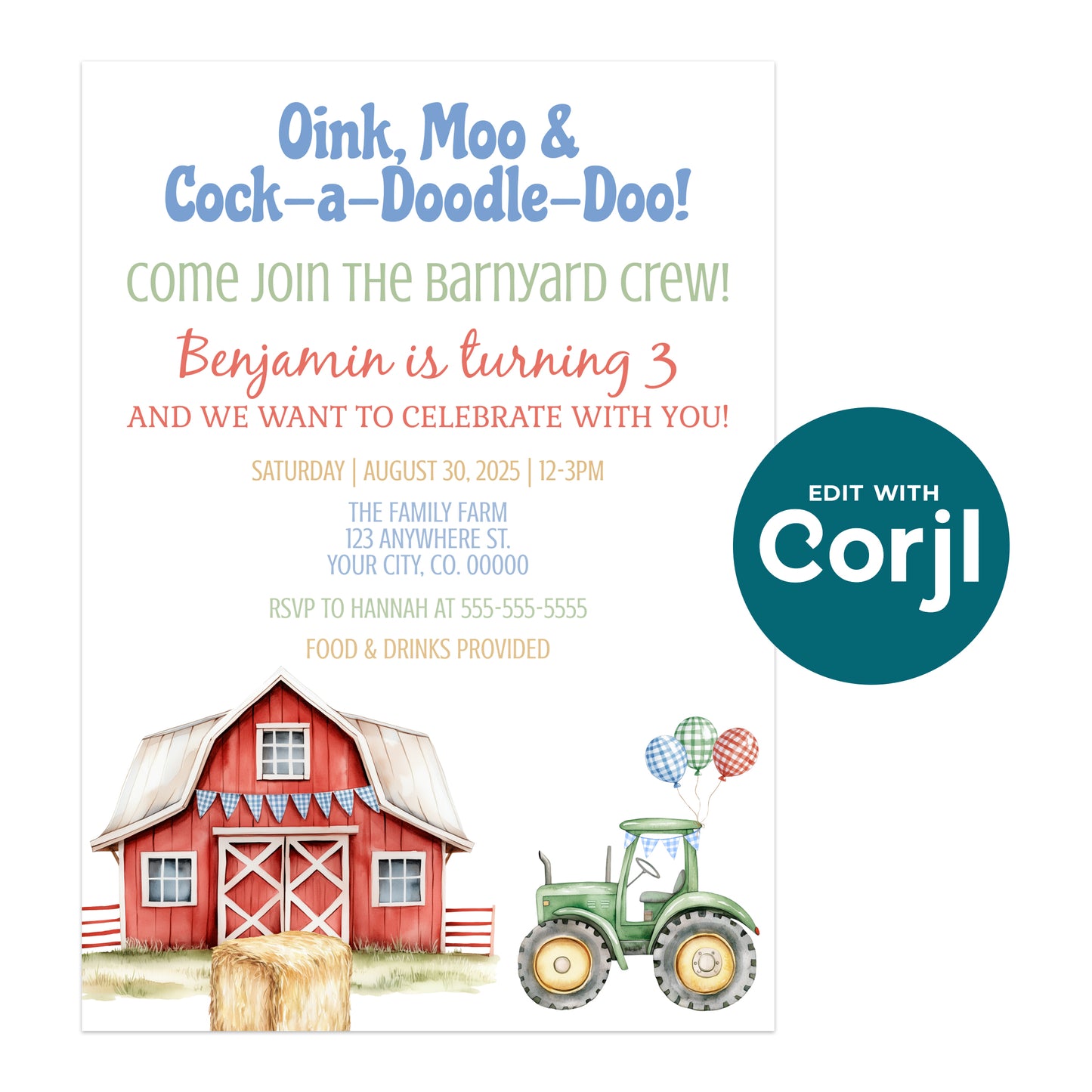 Farm-themed birthday invitation featuring a red barn, a green tractor with balloons, and party details for a child's third birthday.