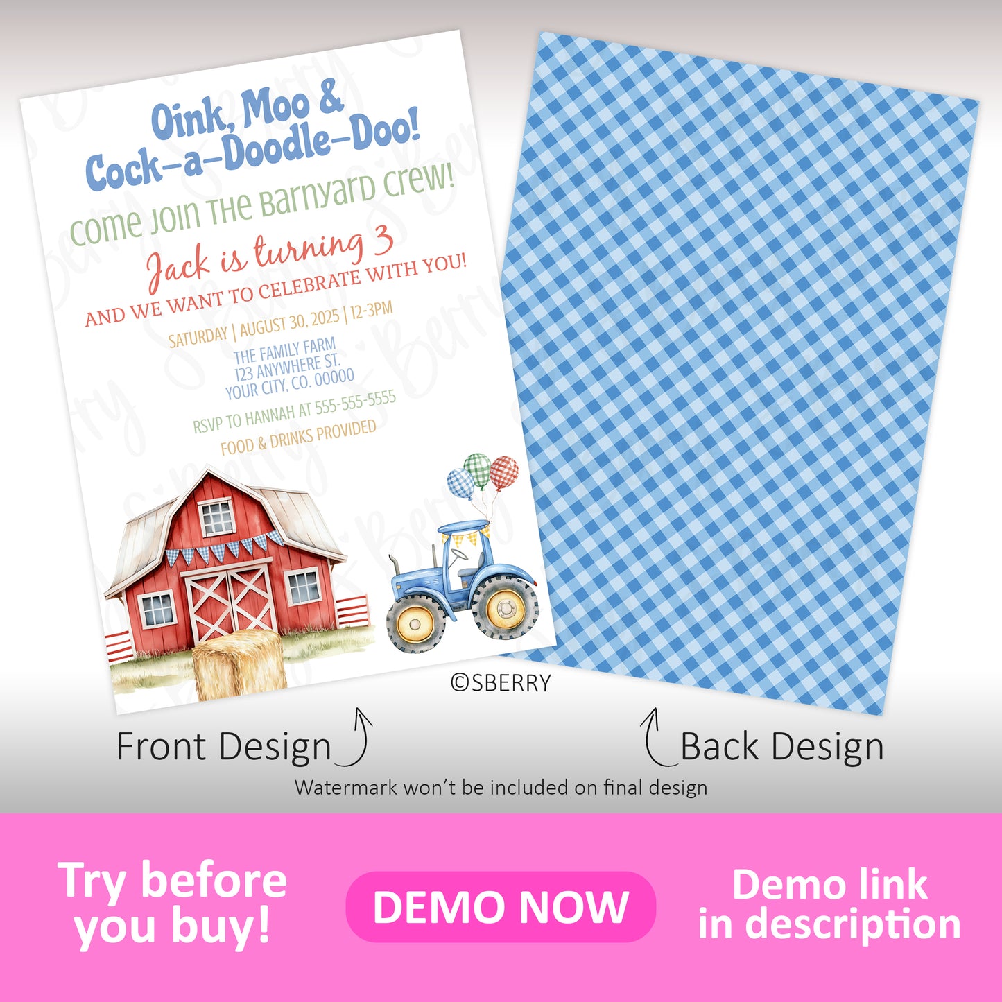 Front: Farm-themed birthday invitation with barn, tractor, and balloons. Back: Blue gingham pattern. Text promotes demo and try-before-you-buy options.