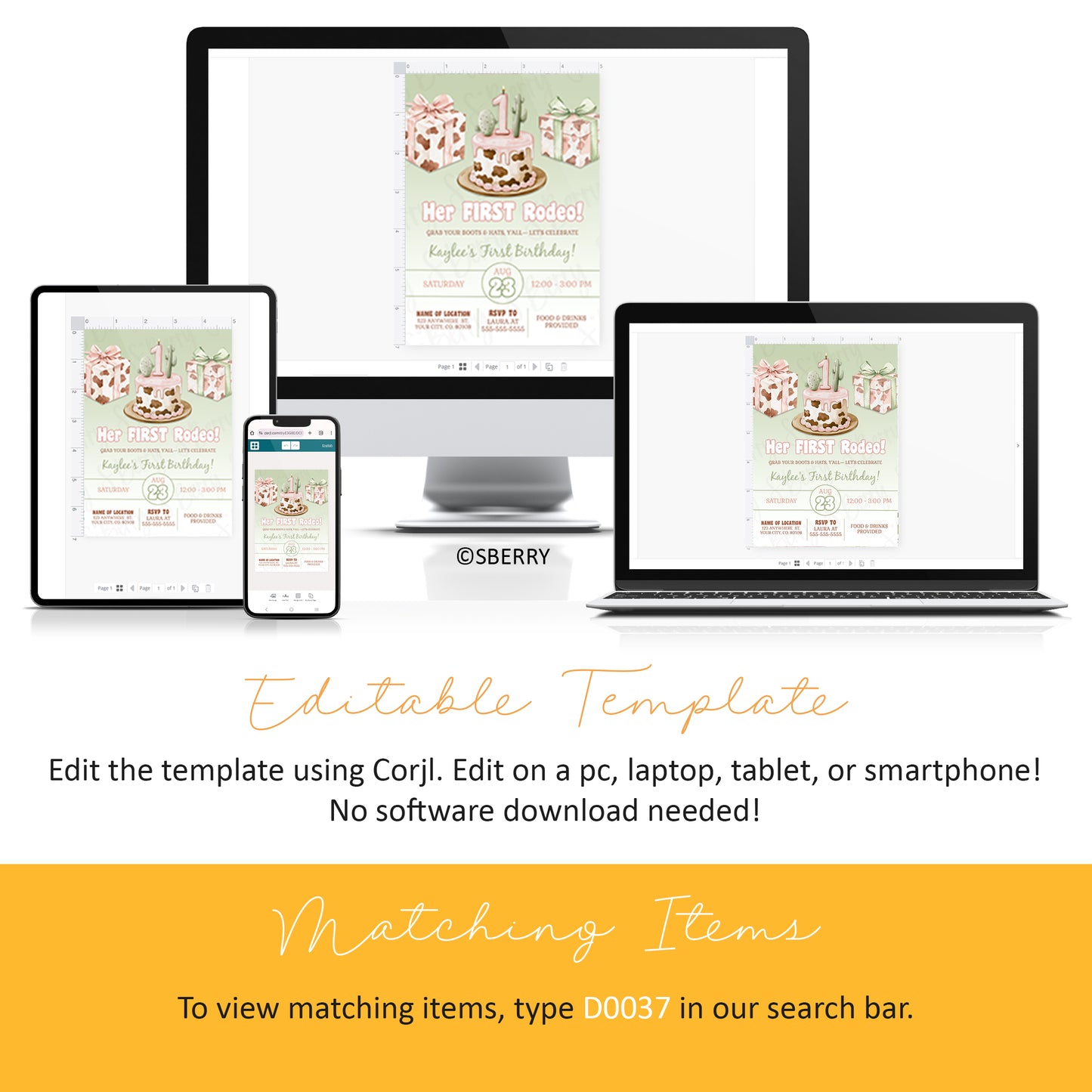Digital devices displaying an editable birthday invitation template with a cowgirl theme. Text explains template can be edited via Corjl on various devices without software download.