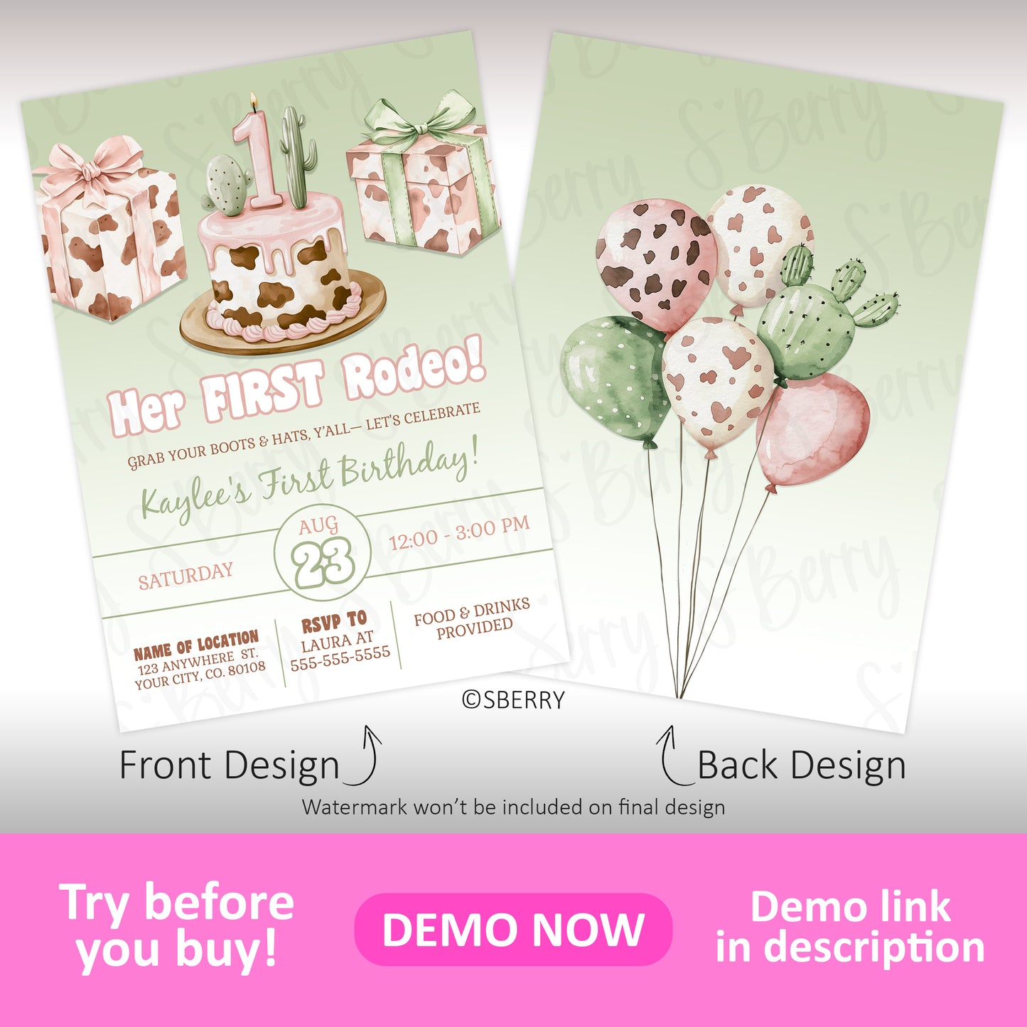 Invitation features a pink and green western-themed first birthday design with cow print cake, gifts, and balloons on the front and back, plus event details for a party.