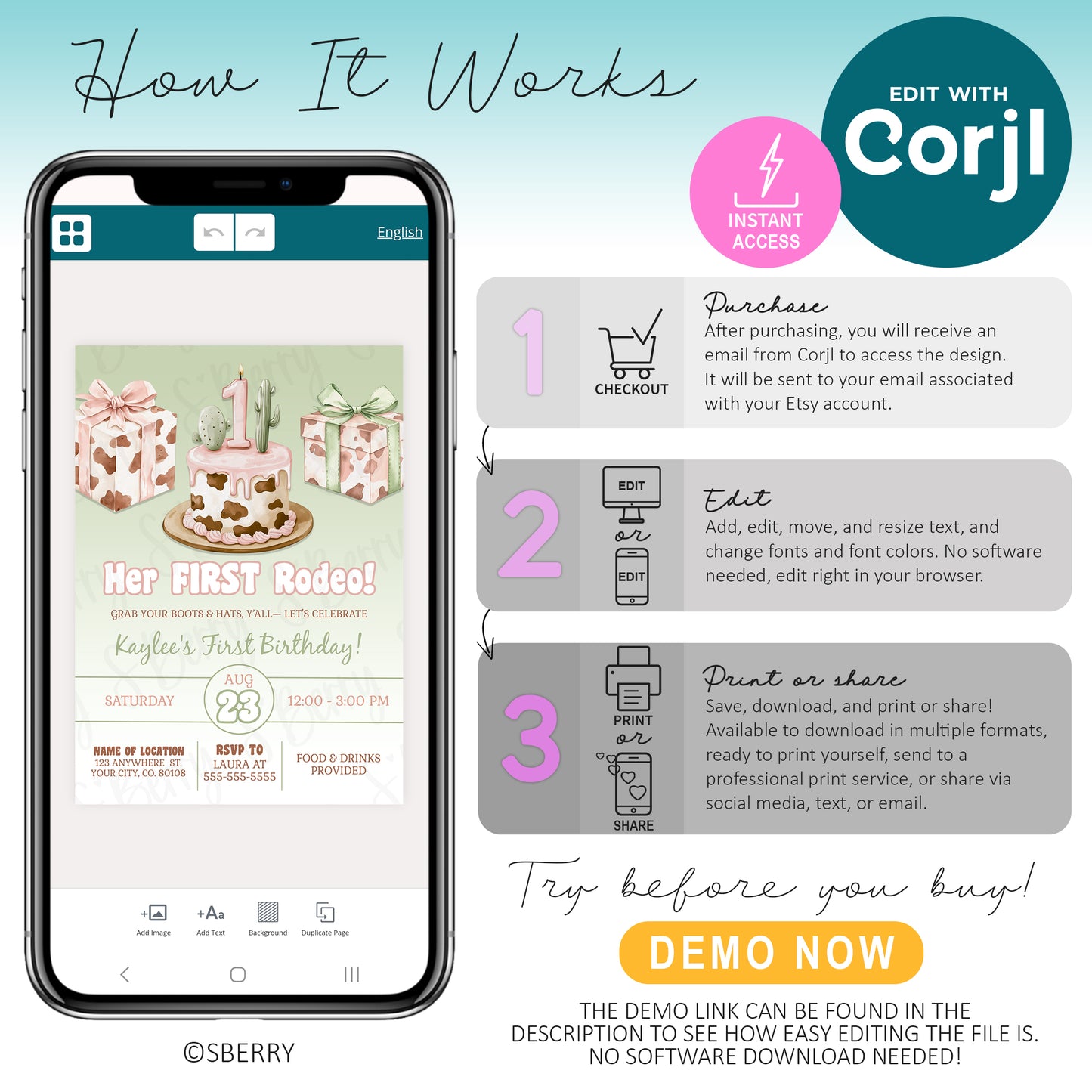 An infographic explains how to edit a birthday party invitation with Corjl: purchase, edit online, then download, print, or share digitally; a phone displays an invitation design.