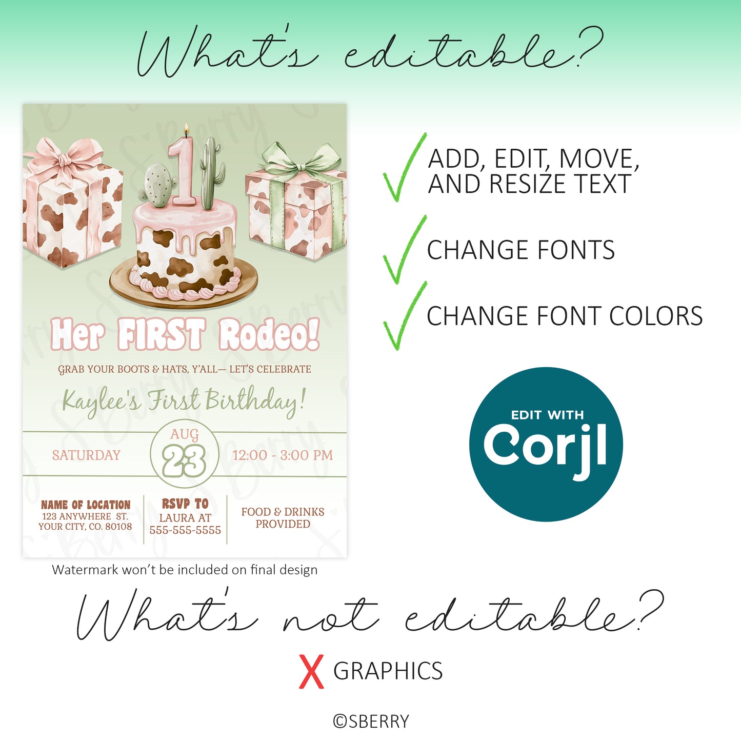 Digital birthday invitation template with floral cake and cowgirl theme, showing editable text, font, and color options; graphics are not editable. Uses Corjl for customization.