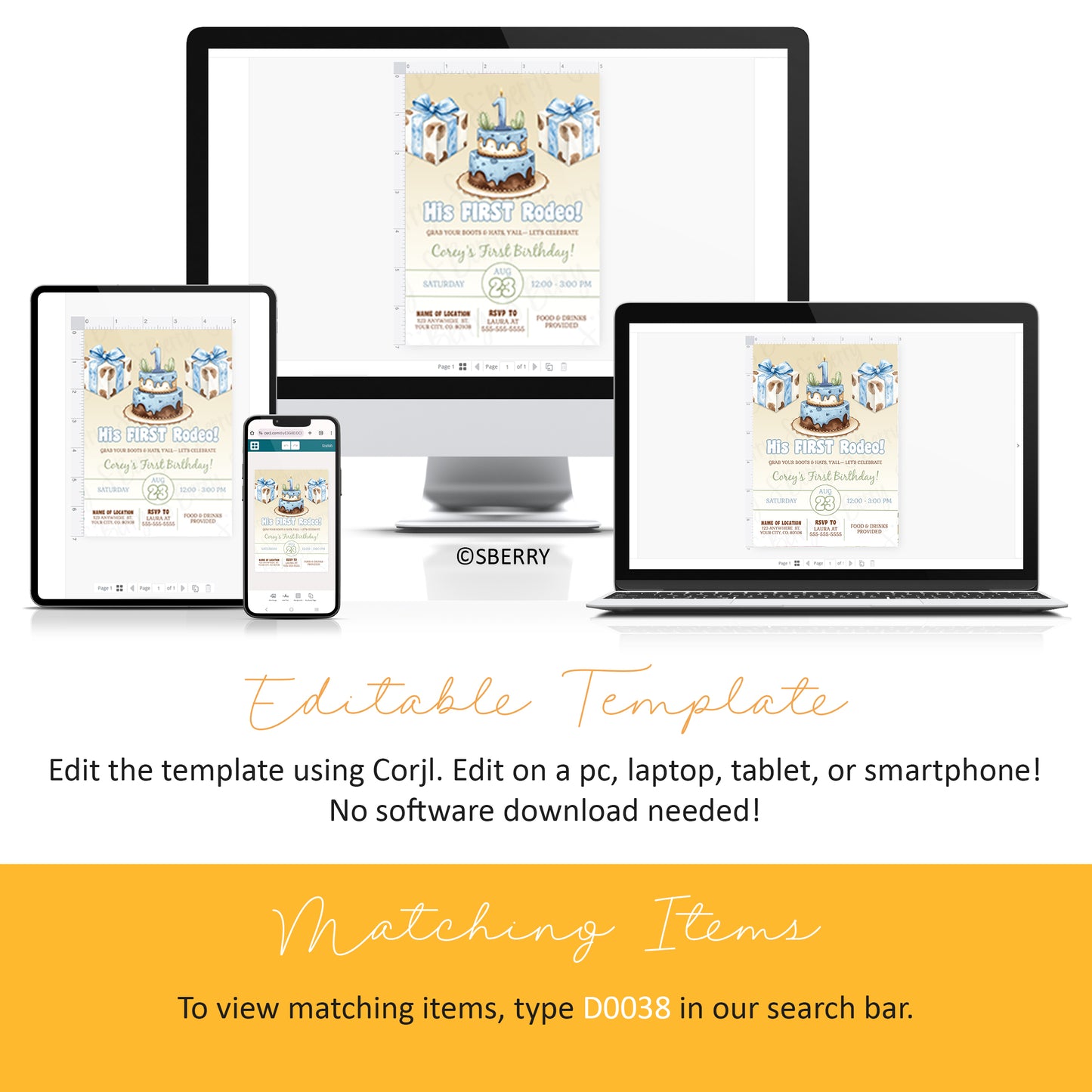 Editable birthday invitation template displayed on desktop, laptop, tablet, and smartphone screens with instructions for editing and finding matching items.