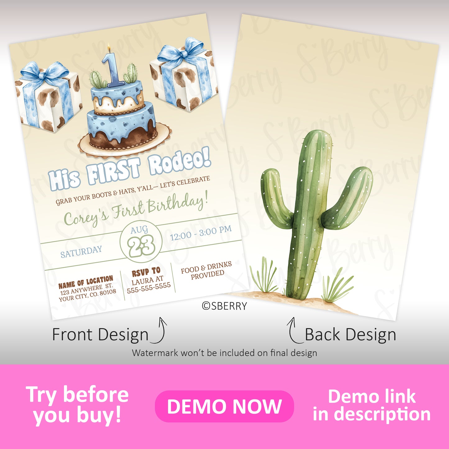 Birthday party invitation featuring a cowboy cake with boots and hat on the front and a cactus illustration on the back. Text includes event details and RSVP information.