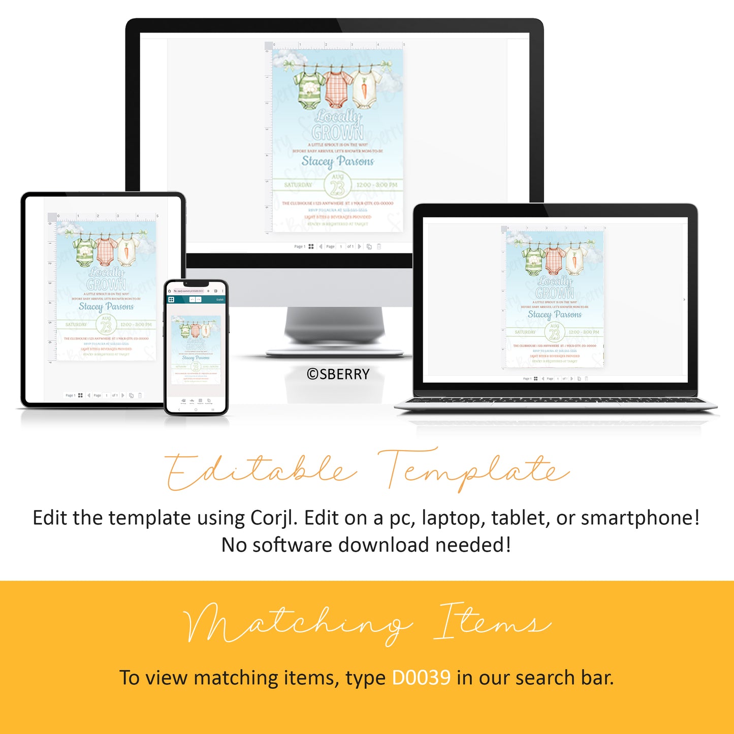 A digital invitation template is displayed on a desktop, laptop, tablet, and smartphone, showing it can be edited on multiple devices. Text explains editing features and how to find matching items.