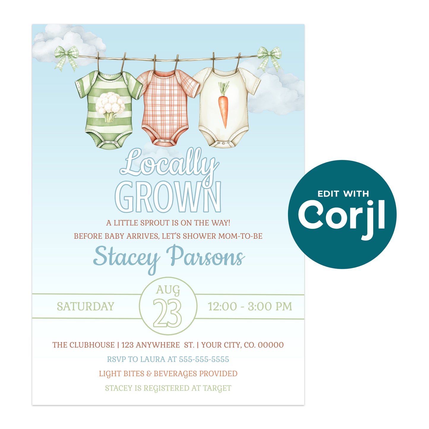 Baby shower invitation featuring three onesies (green, striped, and carrot print) hanging on a clothesline with event details for Stacey Parsons below.