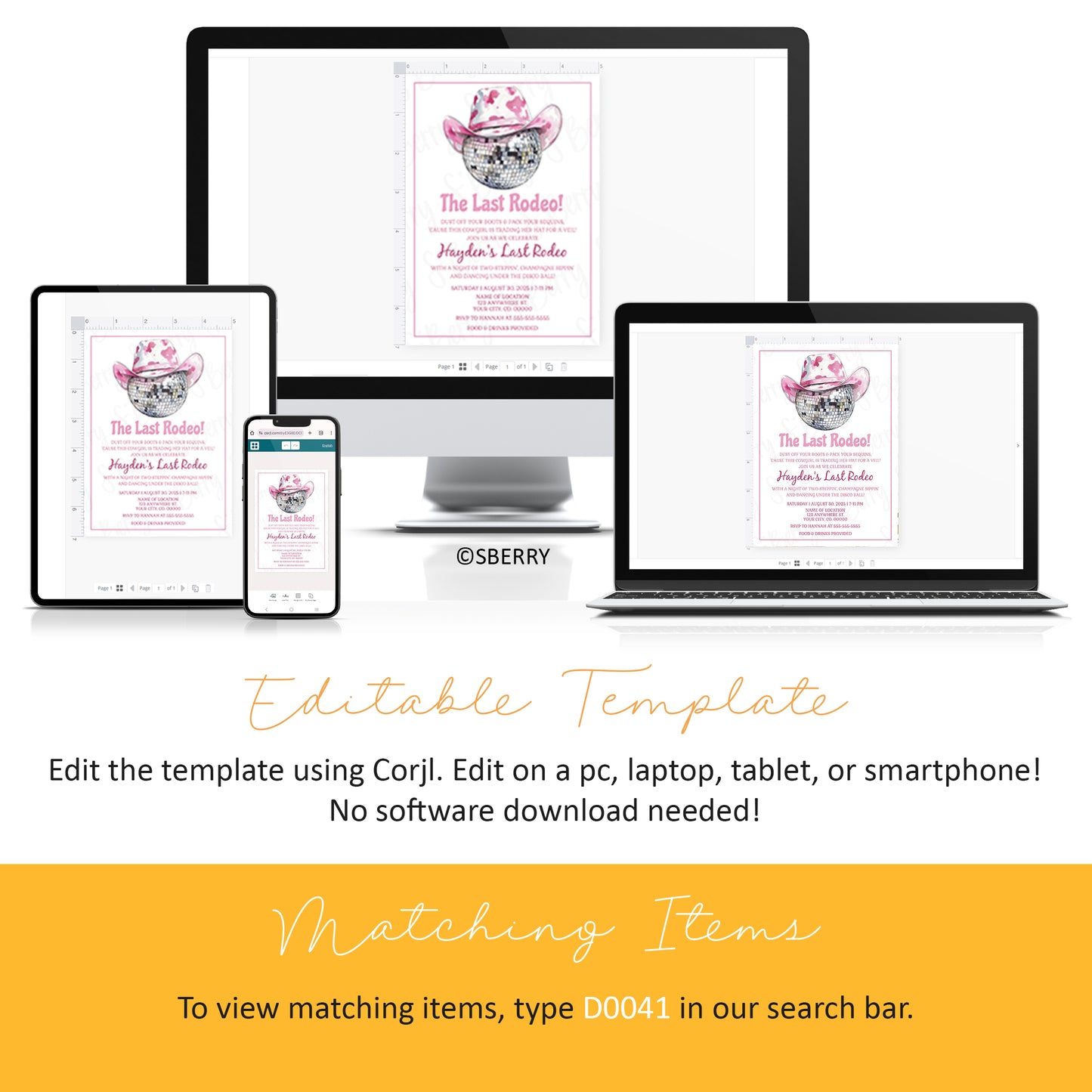 Four devices display the same pink and white invitation template. Text below explains the template is editable on multiple devices with Corjl, no software needed.