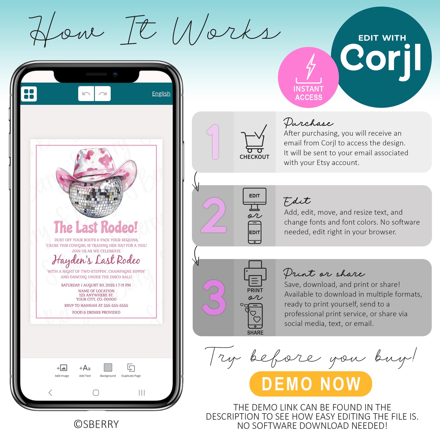 An infographic explains how to use Corjl for editing a digital invitation, with steps to purchase, edit, and download or share, displayed alongside a smartphone mockup of the editable invitation.