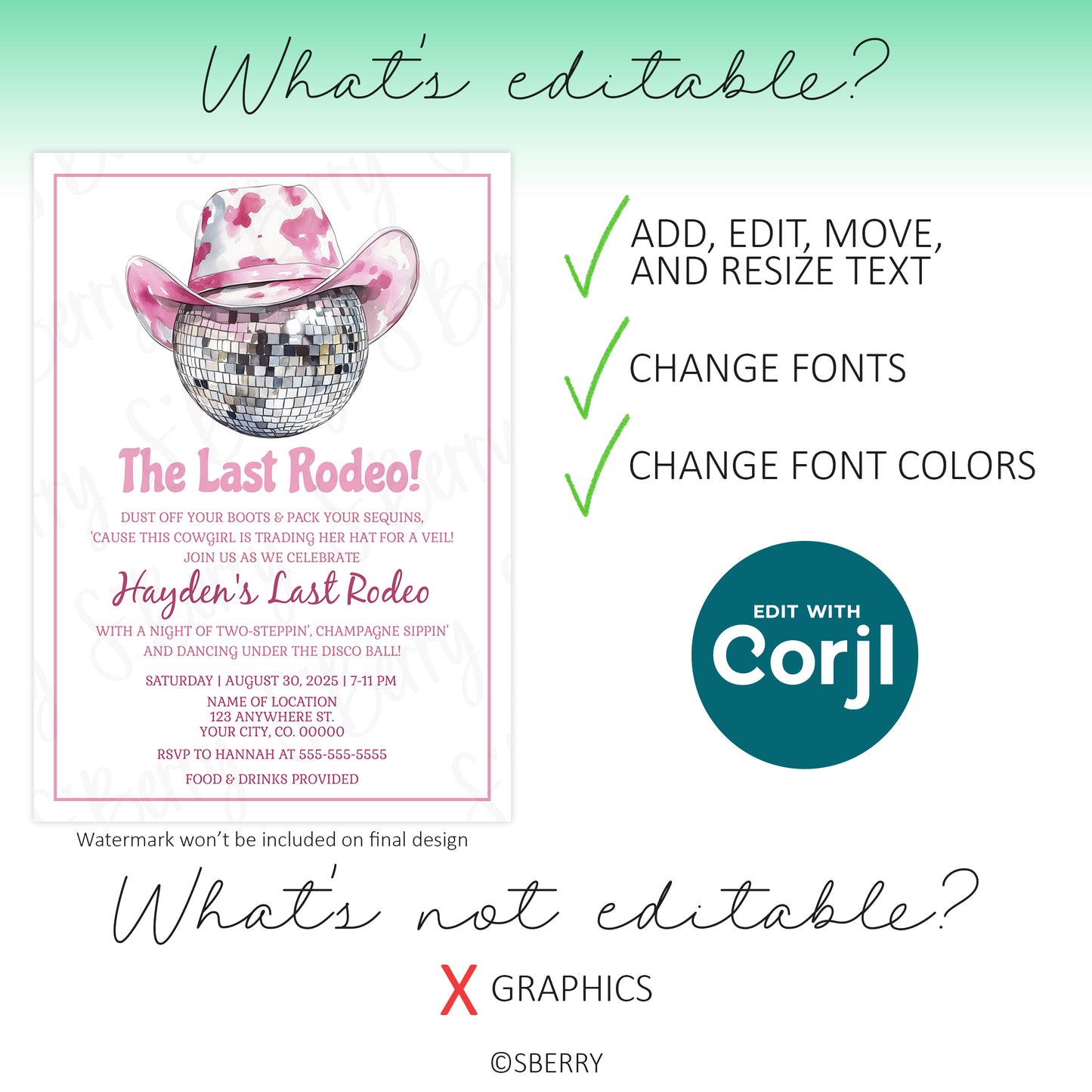 Digital invitation template with a pink cowboy hat and disco ball, showing editable options for text, fonts, and colors, and noting that graphics cannot be edited.