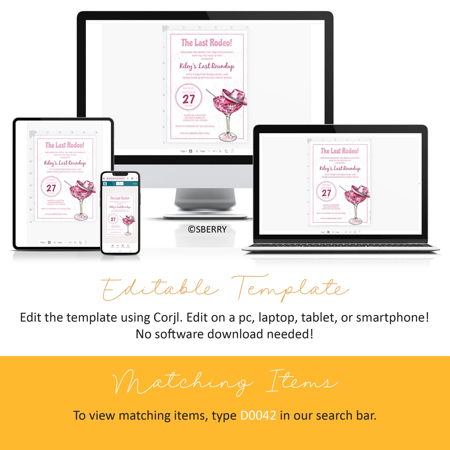 A digital invitation template is displayed on a desktop, laptop, tablet, and smartphone. Text explains the template is editable on multiple devices using Corjl.