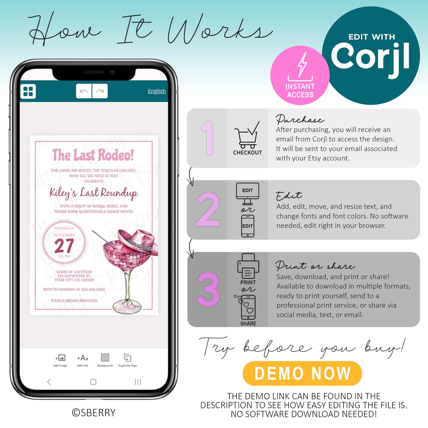 Instructional graphic explaining how to edit a digital invitation with Corjl on a smartphone, showing three steps: purchase, edit, and print/share, with a demo link and product image.
