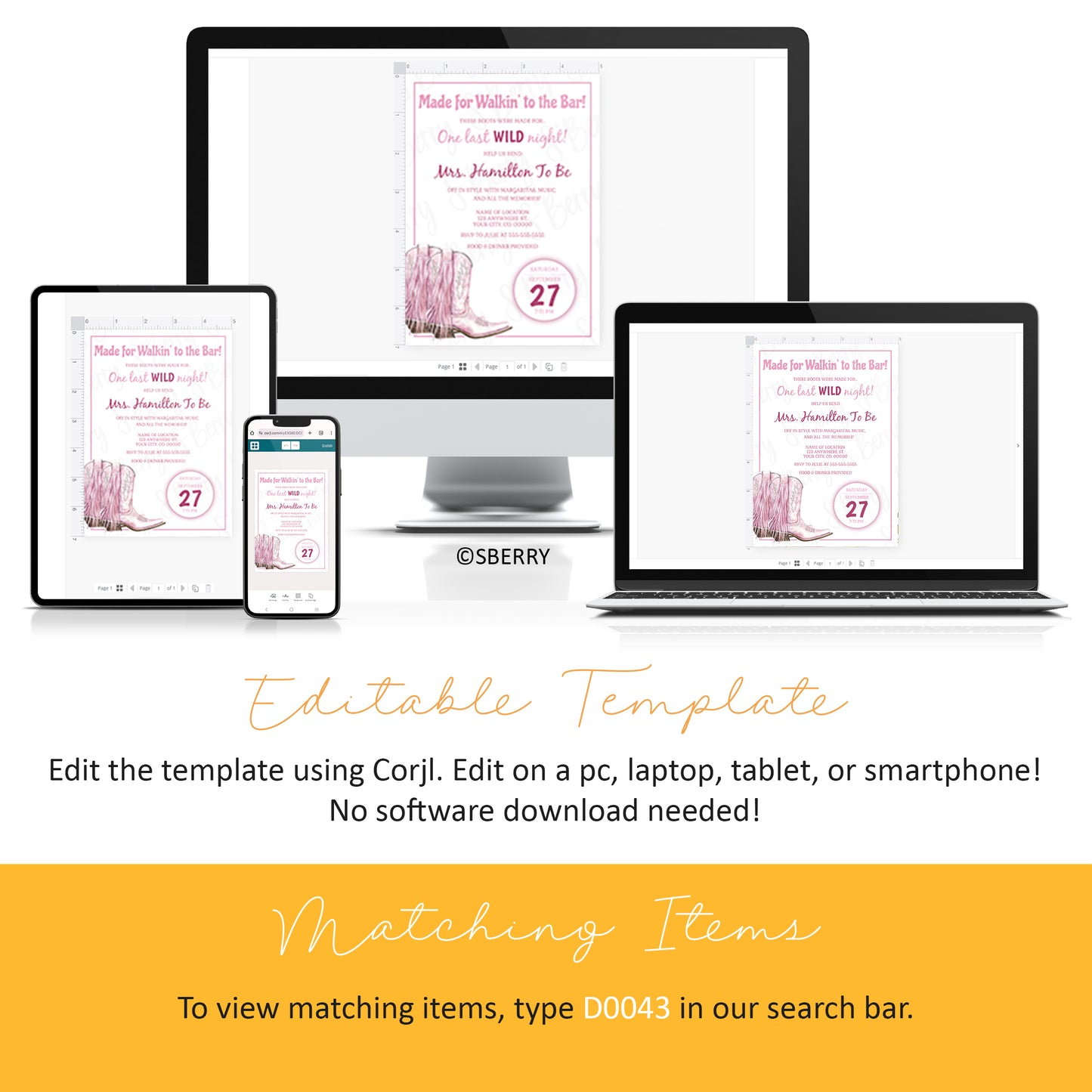 A digital invitation template is displayed on a desktop, laptop, tablet, and smartphone, demonstrating cross-device editing via Corjl. Text explains no software download is needed.
