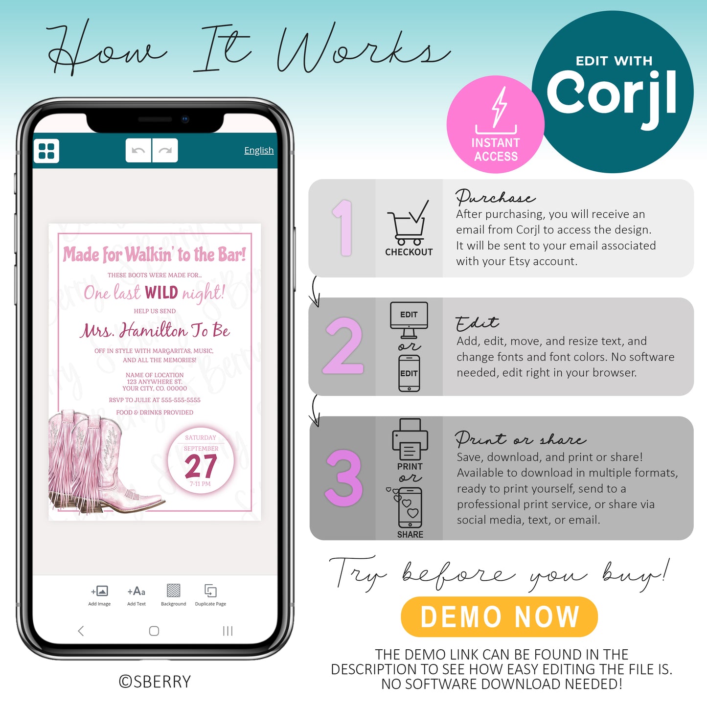 An instructional graphic explains how to use Corjl for editing a bachelorette invitation template, featuring steps for purchasing, editing, and printing, with a sample invite and pink cowgirl boots.