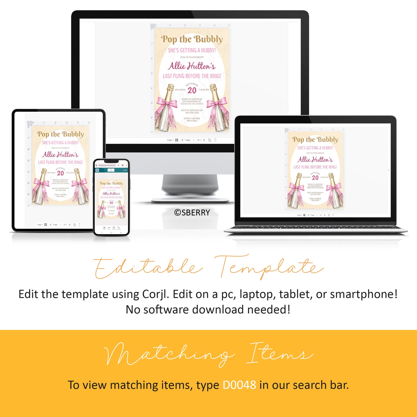 Editable party invitation template displayed on a desktop, laptop, tablet, and smartphone. Text explains template can be edited on any device using Corjl, no software download required.