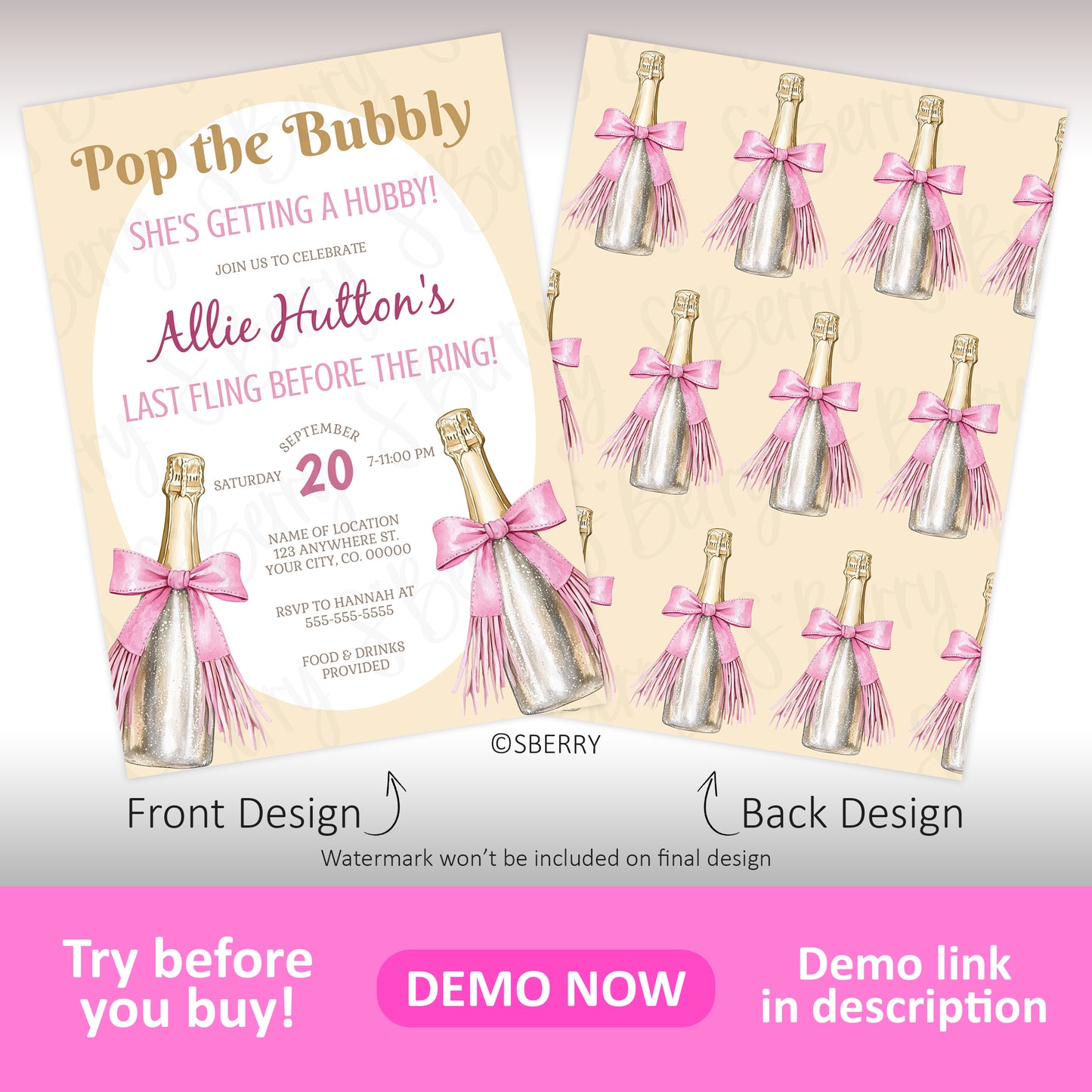 Invitation card for a bridal shower featuring pink and gold champagne bottles, event details on the front, and a repeating champagne bottle pattern on the back.