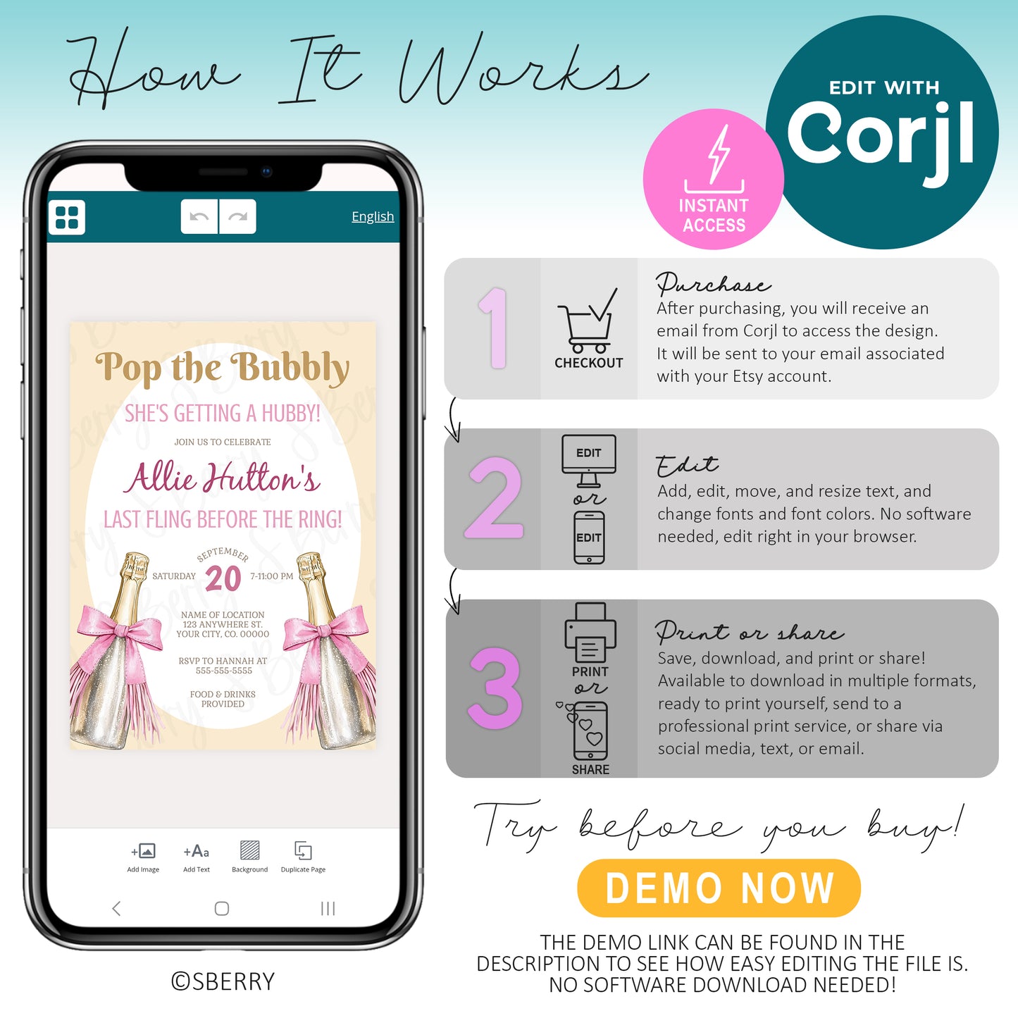 Screenshot showing instructions for editing a bridal shower invitation using Corjl, with steps for purchase, editing, and sharing, plus emphasis on instant access and no software required.