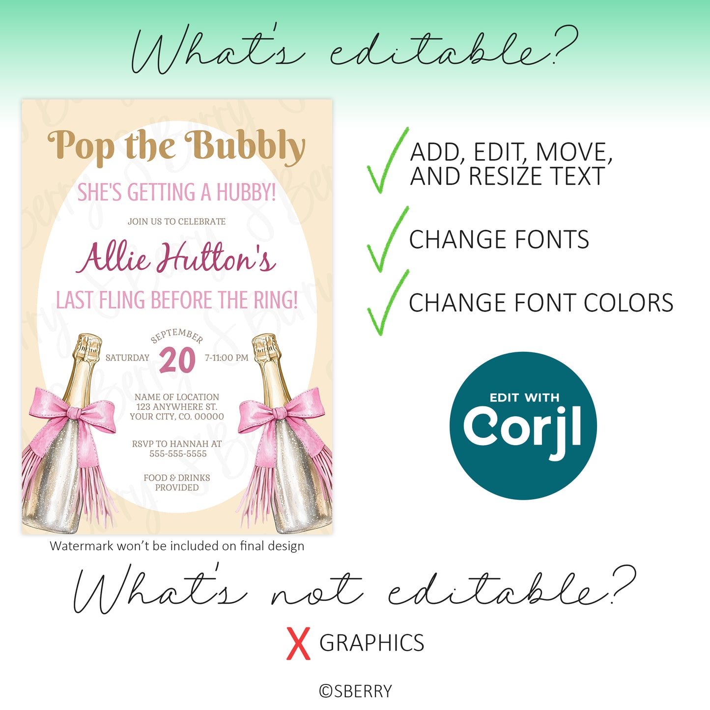 A bachelorette party invitation template with champagne bottles, listing editable elements like text and fonts, and stating that graphics are not editable.