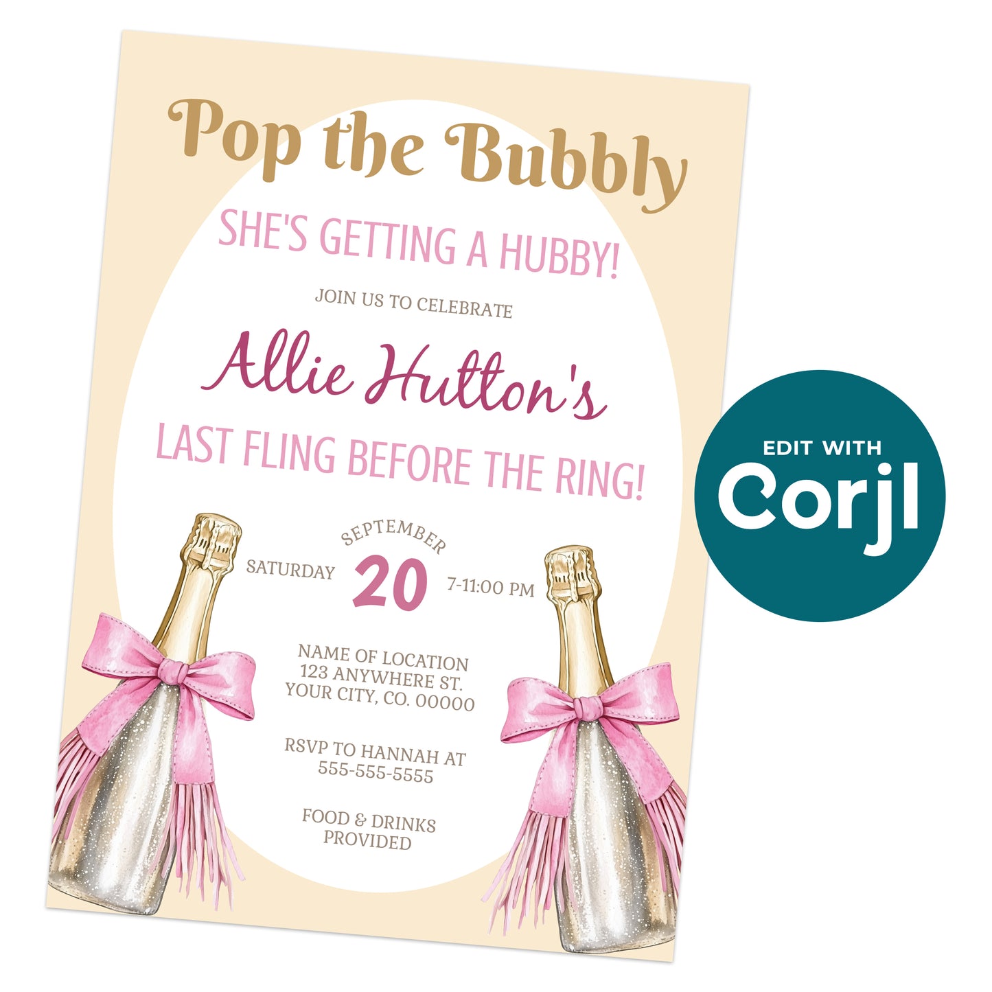 A bridal shower invitation featuring champagne bottles with pink bows, event details, and the text "Pop the Bubbly, She's Getting a Hubby!" in pink and gold fonts.