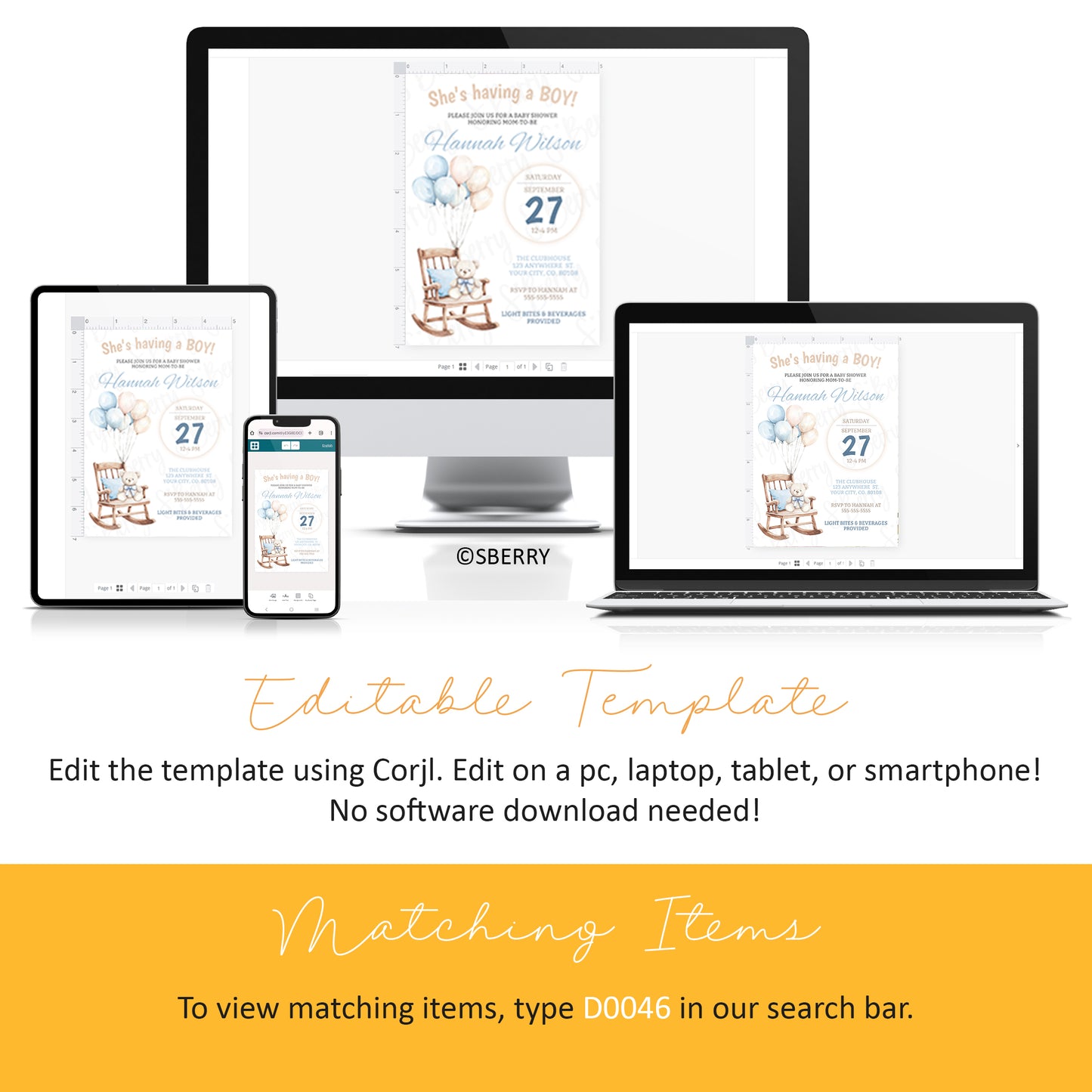 A baby shower invitation template is displayed on a desktop, laptop, tablet, and smartphone, showing it can be edited across multiple devices using Corjl.